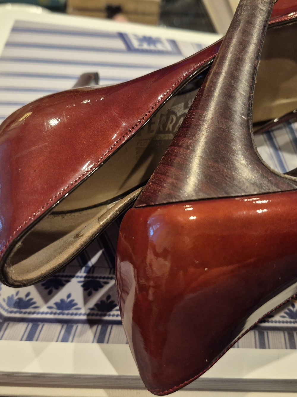 Salvatore Ferragamo Women's Burgundy Patent Peep-Toe Pumps - Picture 8 of 12